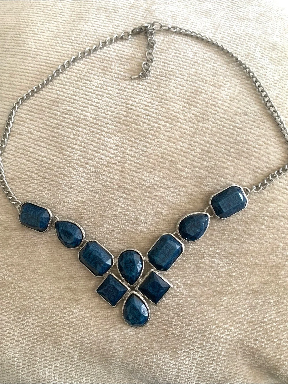 Women's Silver-Tone Blue Stone Costume Bib Style Necklace Approx 11”  Adjustable